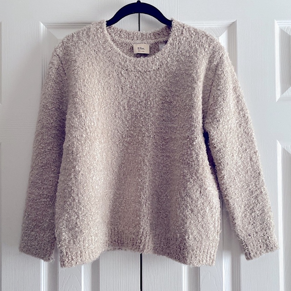 TAHARI WOOL BLEND BOUCLE KNIT CREW NECK SWEATER NEUTRAL Sand S